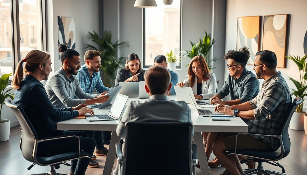 A group of diverse individuals collaborating in a modern, minimalist office setting. The team is gathered around a sleek conference table, laptops and notepads in hand, engaged in a lively discussion. Soft, natural lighting filters through large windows, casting a warm glow on the scene. The walls are adorned with abstract art and vibrant plants, creating a stimulating yet calming atmosphere. The team members, dressed in a mix of business casual and tech-savvy attire, gesture animatedly as they brainstorm solutions, their faces filled with concentration and creativity. An air of camaraderie and shared purpose permeates the space, reflecting the collaborative nature of IT project work.