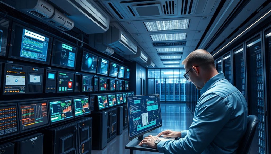 A high-security corporate office, sleek and modern. Layers of advanced digital security systems, biometric access controls, and vigilant monitoring cameras. In the foreground, a cybersecurity analyst reviewing incident reports on a bank of holographic displays, analyzing anomalies and coordinating the response. Subtle ambient lighting casts an air of focused intensity, while the background reveals a maze of server racks and network infrastructure, the pulse of the organization's digital heart. Convey a sense of proactive, multilayered protection, with a tone of professionalism and reliability.