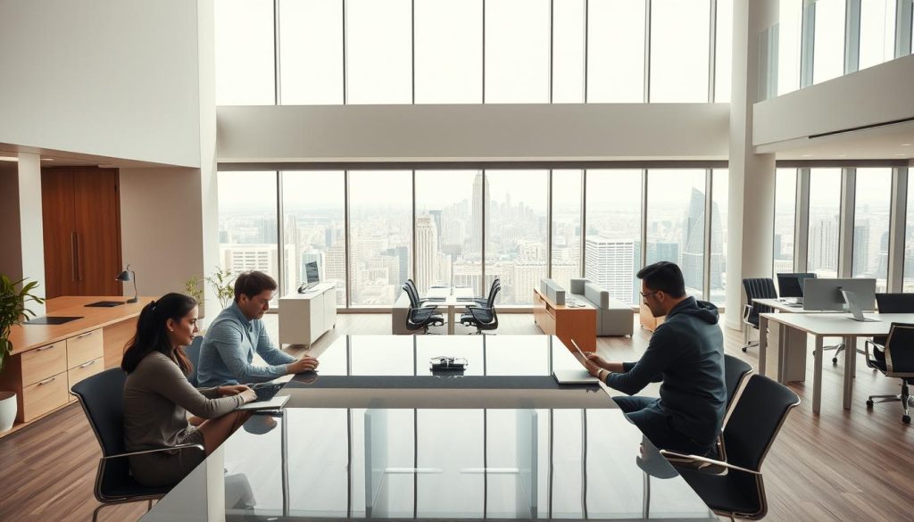 A minimalist modern office interior with clean lines and an airy, open layout. The foreground features several people collaborating at a large glass conference table, their focused expressions suggesting productive business processes. The middle ground showcases modular, scalable furniture and workstations, hinting at the flexibility and adaptability of the space. The background reveals floor-to-ceiling windows offering a panoramic view of a vibrant cityscape, symbolizing the boundless growth potential of the organization. Warm, diffused lighting creates a professional yet inviting atmosphere, complemented by a neutral color palette of whites, grays, and natural wood tones.