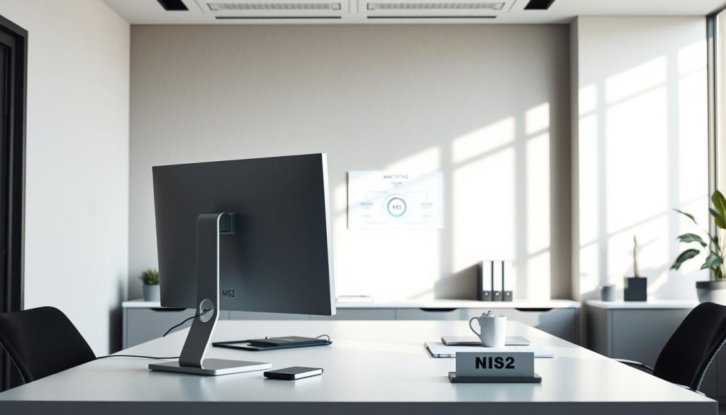 A modern and minimalist office setting, bathed in soft, natural lighting. In the foreground, a sleek and minimal computer setup, with a large, high-resolution monitor displaying a diagram or infographic related to the NIS2 directive. In the middle ground, a clean and organized desk, with various office supplies and a nameplate or document hinting at the subject matter. The background features a muted, neutral-toned wall, with a subtle pattern or texture, creating a sense of depth and professionalism. The overall atmosphere is one of efficiency, clarity, and attention to detail, reflecting the importance and significance of the NIS2 security framework. A modern and minimalist office setting, bathed in soft, natural lighting. In the foreground, a sleek and minimal computer setup, with a large, high-resolution monitor displaying a diagram or infographic related to the NIS2 directive. In the middle ground, a clean and organized desk, with various office supplies and a nameplate or document hinting at the subject matter. The background features a muted, neutral-toned wall, with a subtle pattern or texture, creating a sense of depth and professionalism. The overall atmosphere is one of efficiency, clarity, and attention to detail, reflecting the importance and significance of the NIS2 security framework.