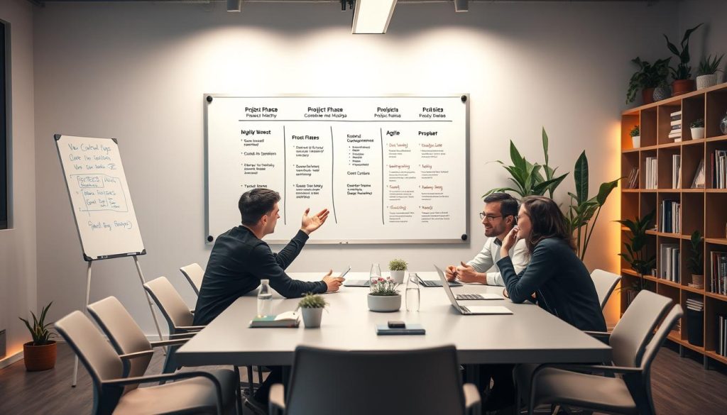 A modern and organized software development workspace. A large whiteboard displays agile methodologies and project phases. Developers collaborate around a sleek conference table, gesturing animatedly. Warm lighting illuminates a well-stocked bookshelf and potted plants, conveying a productive, innovative atmosphere. The scene captures the essence of efficient software project management, with a focus on industry-standard development techniques. A modern and organized software development workspace. A large whiteboard displays agile methodologies and project phases. Developers collaborate around a sleek conference table, gesturing animatedly. Warm lighting illuminates a well-stocked bookshelf and potted plants, conveying a productive, innovative atmosphere. The scene captures the essence of efficient software project management, with a focus on industry-standard development techniques.