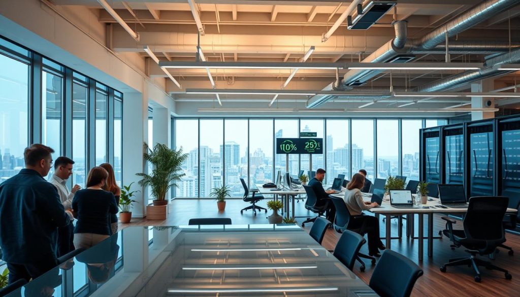 A modern, energy-efficient office space with floor-to-ceiling windows overlooking a bustling city. In the foreground, a group of people collaborating around a sleek, glass conference table, their faces illuminated by the soft, ambient lighting. In the middle ground, rows of standing desks and ergonomic chairs, with employees typing intently on their laptops, surrounded by a mix of potted plants and digital displays showcasing sustainability metrics. The background features a vast, open-plan layout with exposed beams and ductwork, complemented by energy-efficient LED lighting and a state-of-the-art server rack, symbolizing the innovative and eco-conscious IT infrastructure that powers the organization. A modern, energy-efficient office space with floor-to-ceiling windows overlooking a bustling city. In the foreground, a group of people collaborating around a sleek, glass conference table, their faces illuminated by the soft, ambient lighting. In the middle ground, rows of standing desks and ergonomic chairs, with employees typing intently on their laptops, surrounded by a mix of potted plants and digital displays showcasing sustainability metrics. The background features a vast, open-plan layout with exposed beams and ductwork, complemented by energy-efficient LED lighting and a state-of-the-art server rack, symbolizing the innovative and eco-conscious IT infrastructure that powers the organization.