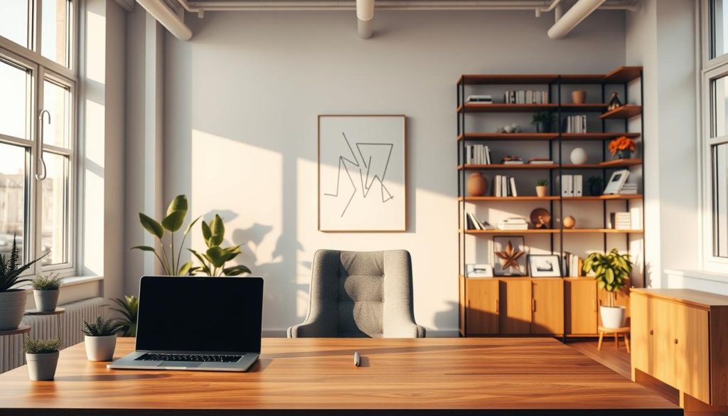 A modern, minimalist office interior, flooded with warm, natural light filtering through large windows. In the foreground, a sleek, wooden desk with a laptop, a pen, and a few potted plants. Behind it, a clean, white wall adorned with a simple, but elegant line art piece. In the middle ground, a plush, gray office chair invites visitors to sit and engage. The background features floor-to-ceiling shelves, neatly organized with books and decorative accents, creating a sense of professionalism and expertise. The overall mood is one of calm, productivity, and a welcoming, approachable atmosphere, perfect for a "Kontakta oss" section of a full-stack development article.