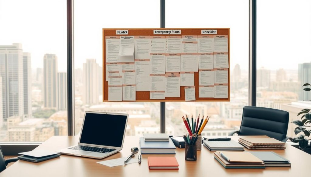 A modern office environment with a desk, laptop, and various office supplies in the foreground. In the middle ground, a bulletin board displays a range of emergency preparedness plans and checklists. The background features floor-to-ceiling windows overlooking a cityscape, with a warm, natural lighting that casts a soft glow throughout the scene. The overall atmosphere conveys a sense of organization, diligence, and a proactive approach to incident management and business continuity planning. A modern office environment with a desk, laptop, and various office supplies in the foreground. In the middle ground, a bulletin board displays a range of emergency preparedness plans and checklists. The background features floor-to-ceiling windows overlooking a cityscape, with a warm, natural lighting that casts a soft glow throughout the scene. The overall atmosphere conveys a sense of organization, diligence, and a proactive approach to incident management and business continuity planning.