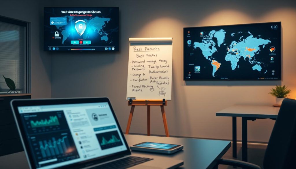 A modern office environment with a focus on cybersecurity measures. In the foreground, a laptop displays a dashboard with security metrics and alerts. On the desk, a small tangible display shows a visualization of network traffic and potential threats. In the middle ground, a whiteboard has handwritten notes on best practices for password management and two-factor authentication. The background features a large wall-mounted monitor displaying a real-time cybersecurity incident map, with regions highlighted based on threat levels. Subtle ambient lighting creates a contemplative mood, emphasizing the importance of diligent digital protection.