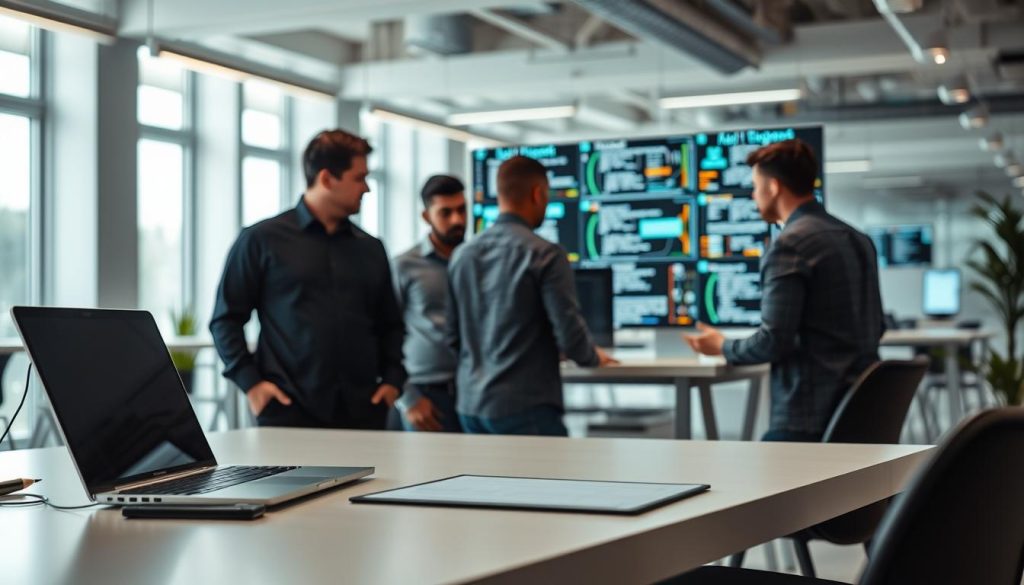 A modern office environment with a focus on middleware and iPaaS solutions. In the foreground, a sleek, minimalist workstation with a laptop, tablet, and stylus, showcasing the seamless integration of various software platforms. The middle ground features a team of developers collaborating on a complex integration project, their faces illuminated by the glow of multiple monitors displaying intricate diagrams and code. The background captures the open-concept office layout, with clean lines, natural lighting, and a hint of greenery, creating a calm and productive atmosphere. The overall scene conveys the power and flexibility of middleware and iPaaS technologies in enabling efficient, scalable, and secure API integrations for enterprises.