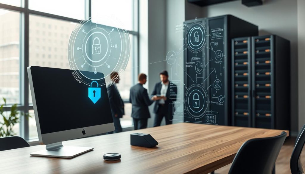 A modern office setting, bathed in soft, diffused lighting from large windows. In the foreground, a sleek desktop computer and a security token device sit atop a minimalist wooden desk. Floating above the desk, holographic displays showcase intricate security protocols and data encryption algorithms. In the middle ground, a team of professionals in business attire huddle around a touchscreen interface, collaborating on cybersecurity strategies. In the background, a towering server rack stands as a testament to the technological backbone that powers the organization's robust security measures. The atmosphere exudes a sense of professionalism, innovation, and a steadfast commitment to safeguarding sensitive information.