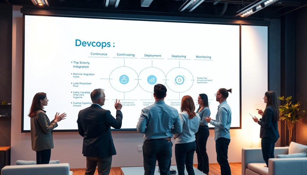 A modern office setting, with a large whiteboard or projection screen prominently displayed. On the whiteboard, a visual representation of the DevOps lifecycle, including continuous integration, continuous deployment, and monitoring. In the foreground, a group of professionals in business casual attire, engaged in a lively discussion, gesturing towards the whiteboard. Warm, indirect lighting illuminates the scene, creating a collaborative and educational atmosphere. The background features sleek, minimalist furniture and decor, suggesting a professional, cutting-edge environment. Overall, the image conveys a sense of learning, progress, and the dynamic nature of DevOps for today's IT professionals.