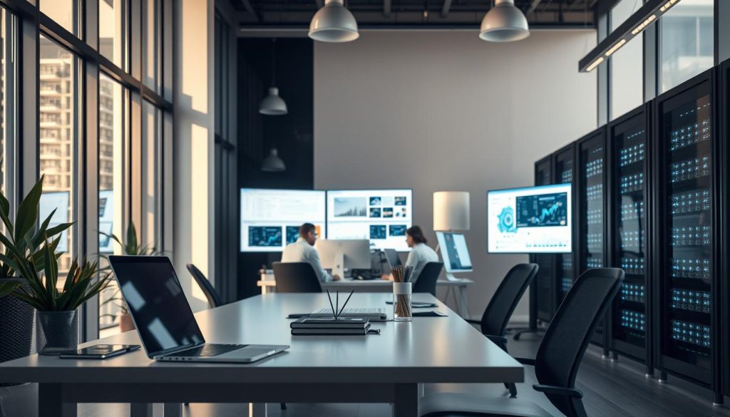 A modern office space, bathed in soft, natural light filtering through floor-to-ceiling windows. In the foreground, a sleek, minimalist desk setup with a laptop and a neatly organized array of office supplies. In the middle ground, a team of professionals collaborating on cloud-based software, their screens displaying intricate diagrams and dynamic visualizations. In the background, a towering server rack, its blinking lights and humming fans symbolizing the powerful, scalable infrastructure that powers the seamless, automated workflows. The atmosphere is one of efficiency, innovation, and a synergy between human expertise and cutting-edge technology.