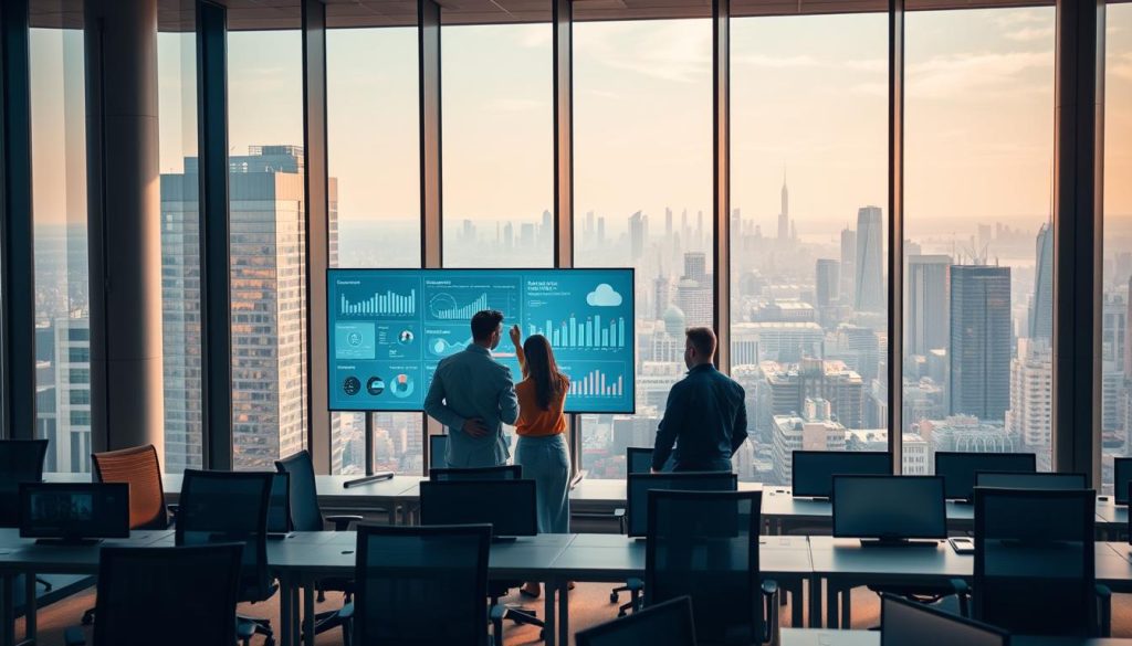 A modern, sleek office environment with floor-to-ceiling windows overlooking a bustling cityscape. In the foreground, a team of professionals collaborating around a large, interactive touchscreen display, examining data visualizations and cloud-based software interfaces. Mid-ground features rows of ergonomic desks and chairs, conveying a sense of productivity and innovation. The background showcases a panoramic view of the city skyline, bathed in warm, natural lighting filtering through the windows. The overall atmosphere exudes a blend of technological advancement, collaborative energy, and business acumen, illustrating the impact of cloud innovation on the enterprise.