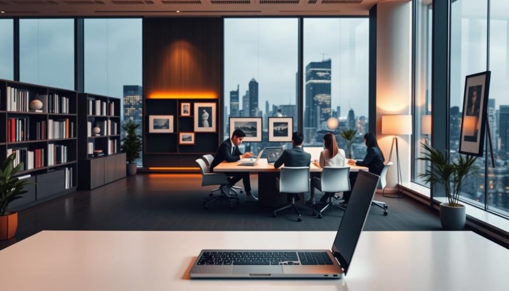 A modern, well-equipped office interior with a large window overlooking a vibrant cityscape. In the foreground, a sleek, minimalist desk with a high-end laptop and a few carefully curated office supplies. The middle ground features a team of professionals collaborating around a conference table, using various cloud-based tools and services. In the background, rows of bookshelves and framed art pieces create a sophisticated, productive atmosphere. Warm, indirect lighting casts a soft glow, and the overall scene conveys a sense of efficiency, innovation, and tailored cloud solutions for the business.