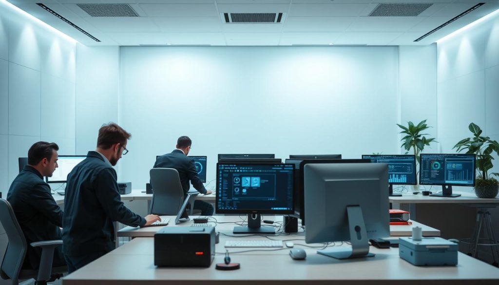 A modern, well-equipped office setting, with a focus on data security and information protection. In the foreground, a team of professionals diligently implementing technical security measures, such as configuring firewalls, installing antivirus software, and implementing access controls. In the middle ground, a sleek, minimalist workstation with multiple screens displaying security dashboards and monitoring tools. The background features a clean, minimalist design with subtle lighting, suggesting a calm and focused atmosphere. The overall scene conveys a sense of professionalism, attention to detail, and a commitment to safeguarding sensitive data and systems.