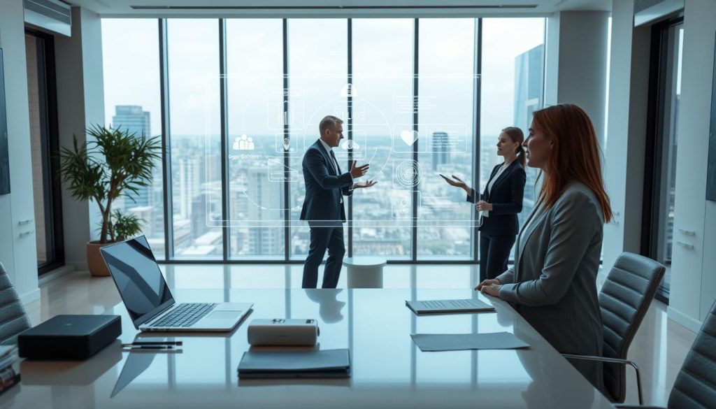 A modern, well-lit office environment with sleek, minimalist furniture and clean lines. In the foreground, a large desk with a laptop, some documents, and a secure cloud storage device. On the wall behind the desk, a holographic display shows a supply chain diagram and various cybersecurity metrics. In the middle ground, two business professionals are engaged in a discussion, gesturing towards the display. The background features floor-to-ceiling windows overlooking a cityscape, with a sense of professionalism and attention to detail. The lighting is balanced, creating a calm and productive atmosphere.