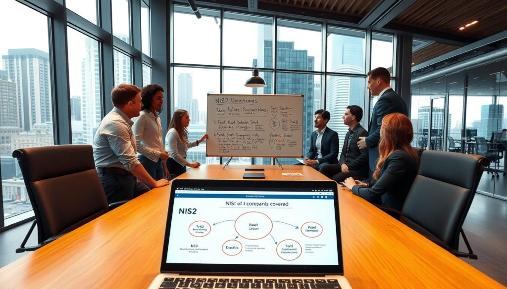 A modern, well-lit office interior with a large, central table surrounded by various business professionals. In the foreground, an open laptop displays a diagram highlighting key sectors and companies covered by the NIS2 directive. The middle ground showcases a whiteboard with handwritten notes and diagrams, while the background features floor-to-ceiling windows overlooking a bustling cityscape. The scene conveys a sense of collaboration, discussion, and attention to detail as the team reviews the regulatory requirements. Warm, indirect lighting casts a professional, focused atmosphere across the space. A modern, well-lit office interior with a large, central table surrounded by various business professionals. In the foreground, an open laptop displays a diagram highlighting key sectors and companies covered by the NIS2 directive. The middle ground showcases a whiteboard with handwritten notes and diagrams, while the background features floor-to-ceiling windows overlooking a bustling cityscape. The scene conveys a sense of collaboration, discussion, and attention to detail as the team reviews the regulatory requirements. Warm, indirect lighting casts a professional, focused atmosphere across the space.