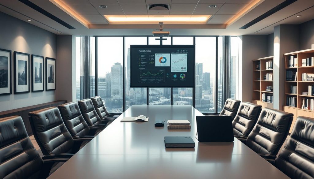 A modern, well-lit office interior with a large window overlooking a cityscape. In the foreground, a sleek conference table surrounded by comfortable leather chairs. On the table, a laptop, tablet, and stack of documents. In the middle ground, a projector screen displaying data visualizations and charts. On the walls, framed art pieces and shelves of reference books. The lighting is a mix of natural daylight and soft, recessed ceiling fixtures, creating a warm, professional ambiance. The overall mood is one of productivity, innovation, and a focus on staying up-to-date with the latest IT security regulations and industry trends.