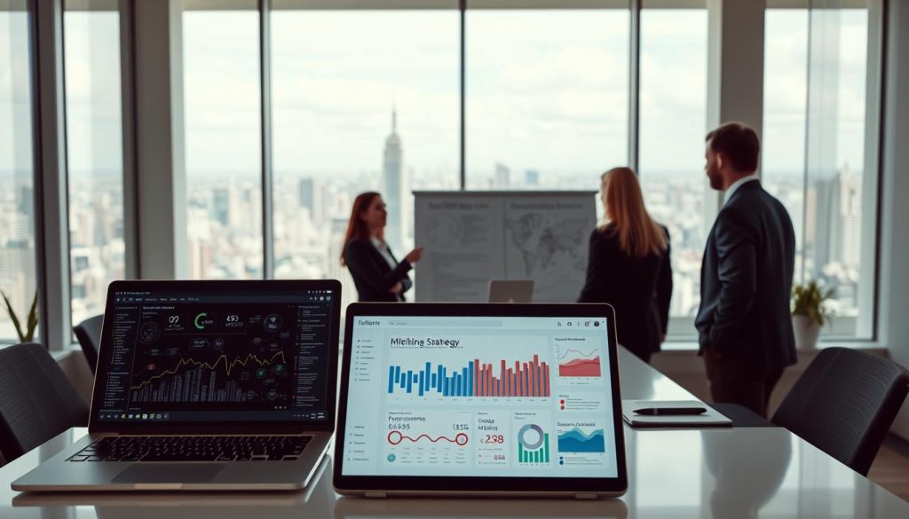 A modern, well-lit office interior with a sleek, minimalist design. In the foreground, a laptop and a cybersecurity dashboard display intricate graphs and data visualizations, highlighting the integration of digital security into the business strategy. The middle ground features a team of professionals collaborating around a large, interactive whiteboard, discussing cybersecurity initiatives and how they align with the company's overarching goals. In the background, floor-to-ceiling windows offer a panoramic view of a bustling city skyline, symbolizing the global nature of the challenge. The overall atmosphere conveys a sense of strategic, proactive, and technology-driven approach to managing cybersecurity risks.