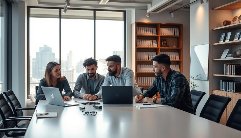 A modern, well-lit office interior, with clean lines and minimalist design elements. In the foreground, a team of developers collaborating around a sleek conference table, their faces animated as they discuss key principles of IT development. Laptops, whiteboards, and prototypes on the table suggest an engaged, productive atmosphere. The middle ground features a large window overlooking a bustling city skyline, bathing the scene in warm, diffused lighting. In the background, shelves of technical books and awards hint at the team's expertise and commitment to their craft. The overall mood is one of focus, innovation, and the collective pursuit of excellence in IT development. A modern, well-lit office interior, with clean lines and minimalist design elements. In the foreground, a team of developers collaborating around a sleek conference table, their faces animated as they discuss key principles of IT development. Laptops, whiteboards, and prototypes on the table suggest an engaged, productive atmosphere. The middle ground features a large window overlooking a bustling city skyline, bathing the scene in warm, diffused lighting. In the background, shelves of technical books and awards hint at the team's expertise and commitment to their craft. The overall mood is one of focus, innovation, and the collective pursuit of excellence in IT development.