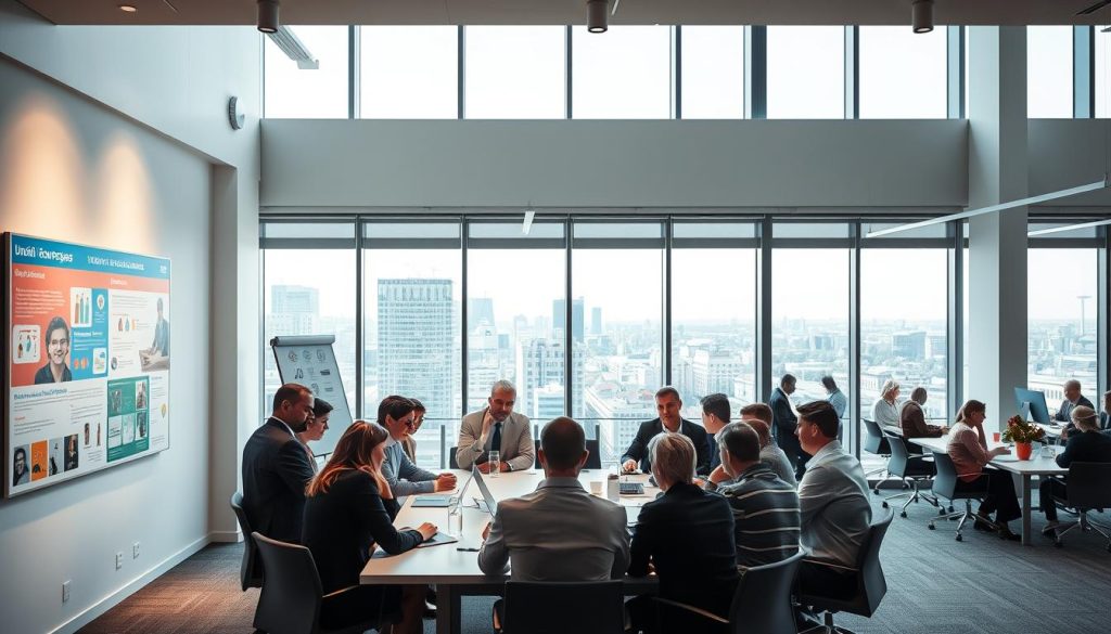 A modern, well-lit office interior with large windows overlooking a cityscape. In the foreground, a group of professionals in business attire are gathered around a conference table, engaged in a collaborative discussion. Vibrant displays and visual aids adorn the walls, highlighting various educational and industry-related topics. The lighting is warm and balanced, creating a productive and informative atmosphere. In the background, smaller breakout areas can be seen, where individuals are working independently or in smaller teams. An overall sense of synergy and shared purpose permeates the scene, reflecting the notion of "Utbildning och Branschsamverkan". A modern, well-lit office interior with large windows overlooking a cityscape. In the foreground, a group of professionals in business attire are gathered around a conference table, engaged in a collaborative discussion. Vibrant displays and visual aids adorn the walls, highlighting various educational and industry-related topics. The lighting is warm and balanced, creating a productive and informative atmosphere. In the background, smaller breakout areas can be seen, where individuals are working independently or in smaller teams. An overall sense of synergy and shared purpose permeates the scene, reflecting the notion of "Utbildning och Branschsamverkan".