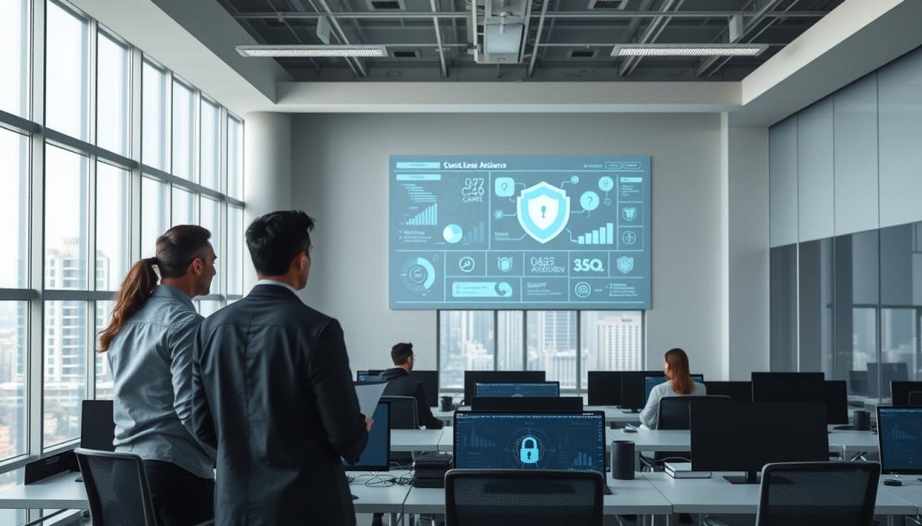 A modern, well-lit office interior with minimalist furniture and clean lines. In the foreground, a group of business professionals engaged in a strategy meeting, studying data visualizations and security diagrams projected on a large display. In the middle ground, rows of desks with state-of-the-art computer equipment, highlighting the importance of robust cybersecurity measures. The background features floor-to-ceiling windows overlooking a bustling cityscape, conveying a sense of organizational stability and resilience. Soft, directional lighting casts an aura of professionalism and forward-thinking, while the overall mood is one of focused concentration and strategic decision-making.