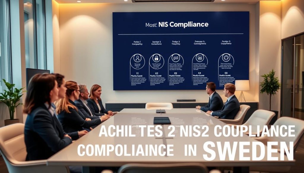 A modern, well-lit office interior with sleek, minimalist furniture and clean lines. In the foreground, a group of people in business attire are engaged in a collaborative discussion around a large, rectangular conference table. The background features a wall-mounted display showcasing a step-by-step visual guide to "NIS2 Compliance" - each step represented by a clear, infographic-style icon. Warm, indirect lighting creates a professional, yet approachable atmosphere. The camera angle is slightly elevated, capturing the scene from an overhead perspective to emphasize the collaborative nature of the setting. The overall tone is one of efficiency, clarity, and attention to detail, reflecting the theme of "Achieving NIS2 Compliance in Sweden". A modern, well-lit office interior with sleek, minimalist furniture and clean lines. In the foreground, a group of people in business attire are engaged in a collaborative discussion around a large, rectangular conference table. The background features a wall-mounted display showcasing a step-by-step visual guide to "NIS2 Compliance" - each step represented by a clear, infographic-style icon. Warm, indirect lighting creates a professional, yet approachable atmosphere. The camera angle is slightly elevated, capturing the scene from an overhead perspective to emphasize the collaborative nature of the setting. The overall tone is one of efficiency, clarity, and attention to detail, reflecting the theme of "Achieving NIS2 Compliance in Sweden".