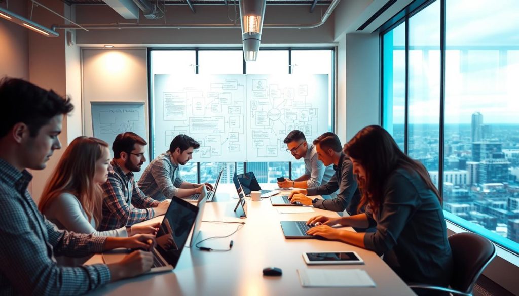 A modern, well-lit office setting with a group of professionals collaborating on a software development project. In the foreground, a team of developers gathered around a large table, intently examining lines of code on their laptop screens. Subtle lighting from overhead fixtures casts a warm, productive glow across the scene. In the middle ground, a large whiteboard displays intricate diagrams and flowcharts, illustrating the complex systems they are working to develop. The background features floor-to-ceiling windows, offering a panoramic view of a bustling city skyline, hinting at the innovative nature of their work. An atmosphere of focus, creativity, and teamwork permeates the entire image, capturing the essence of "kontakt systemutveckling".