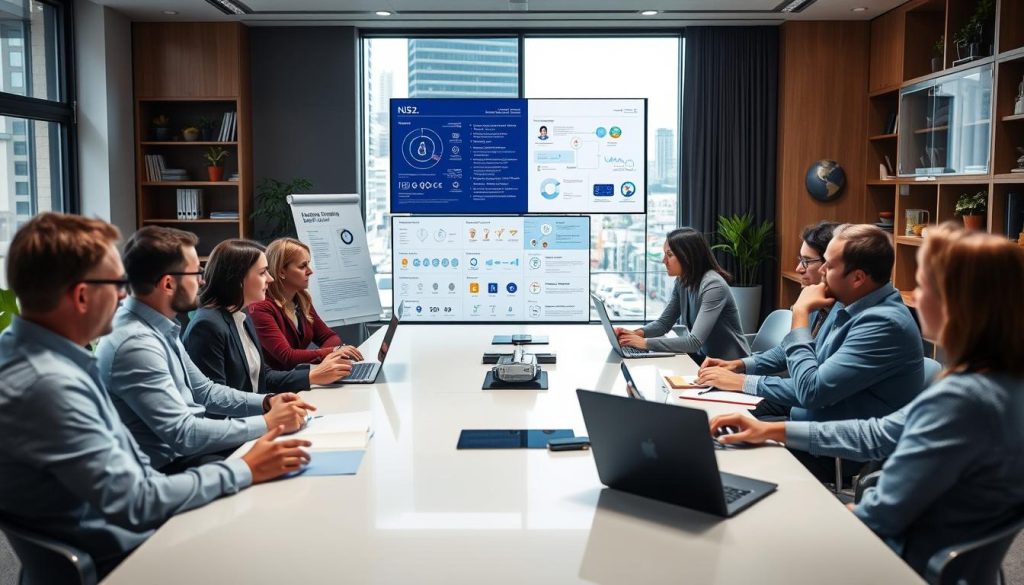 A modern, well-lit office setting with a large window overlooking a cityscape. In the foreground, a team of professionals sit around a sleek conference table, engaged in a discussion about cybersecurity and the implementation of the NIS2 directive in Sweden. The atmosphere is one of focused collaboration, with the team members using laptops, notepads, and gesturing animatedly as they share insights and strategies. The middle ground features a wall display showcasing relevant data and diagrams, while the background includes bookshelves, potted plants, and other office decor that suggests a professional, yet comfortable work environment. The overall mood is one of diligence, expertise, and a commitment to secure Sweden's digital infrastructure. A modern, well-lit office setting with a large window overlooking a cityscape. In the foreground, a team of professionals sit around a sleek conference table, engaged in a discussion about cybersecurity and the implementation of the NIS2 directive in Sweden. The atmosphere is one of focused collaboration, with the team members using laptops, notepads, and gesturing animatedly as they share insights and strategies. The middle ground features a wall display showcasing relevant data and diagrams, while the background includes bookshelves, potted plants, and other office decor that suggests a professional, yet comfortable work environment. The overall mood is one of diligence, expertise, and a commitment to secure Sweden's digital infrastructure.