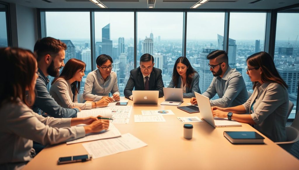 A modern, well-lit office setting with a team of professionals gathered around a large conference table, deeply engaged in discussions and preparations. The lighting is soft and warm, creating a collaborative atmosphere. In the foreground, documents, laptops, and other office supplies are neatly arranged, suggesting a structured and organized approach. The middle ground features the team, their expressions focused and thoughtful, as they review data and make notes. In the background, a large window provides a view of a bustling city skyline, hinting at the broader context and importance of their work. The overall scene conveys a sense of purpose, diligence, and a proactive mindset as the organization prepares to address the requirements of the NIS2 security framework. A modern, well-lit office setting with a team of professionals gathered around a large conference table, deeply engaged in discussions and preparations. The lighting is soft and warm, creating a collaborative atmosphere. In the foreground, documents, laptops, and other office supplies are neatly arranged, suggesting a structured and organized approach. The middle ground features the team, their expressions focused and thoughtful, as they review data and make notes. In the background, a large window provides a view of a bustling city skyline, hinting at the broader context and importance of their work. The overall scene conveys a sense of purpose, diligence, and a proactive mindset as the organization prepares to address the requirements of the NIS2 security framework.