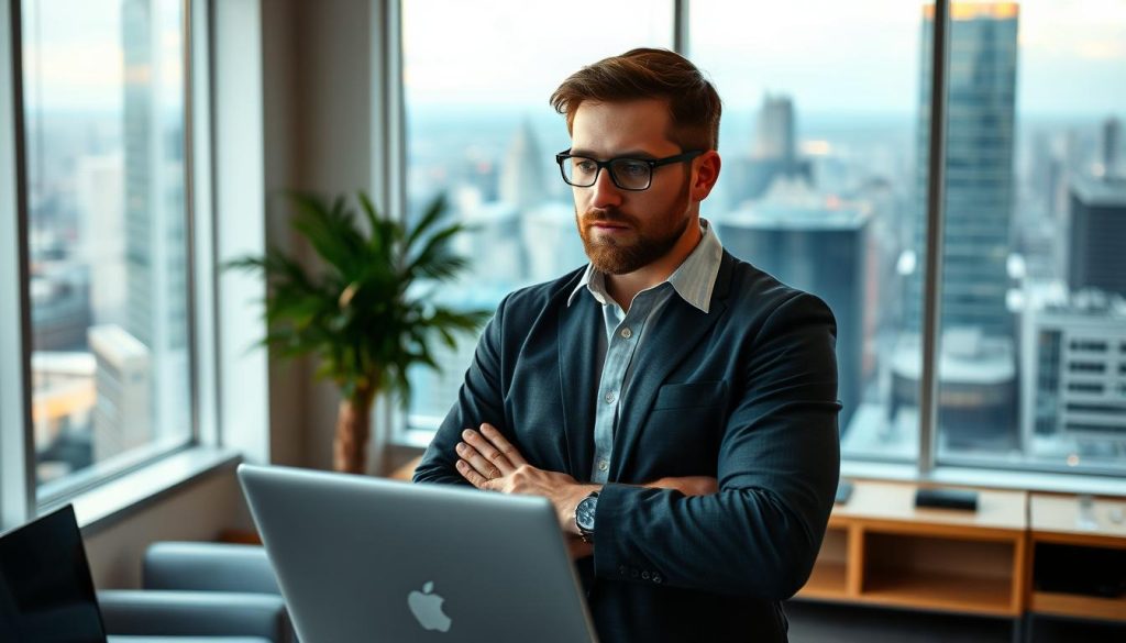 A professional IT project manager standing in a modern office, their hands resting on a laptop as they contemplate their next steps. The lighting is soft and warm, casting a subtle glow across their face. The background features clean, minimalist furnishings and a large window overlooking a bustling city skyline, conveying a sense of productivity and innovation. The subject's expression is one of focused determination, reflecting the importance of practical experience and the LIA (L&auml;rande i Arbete) program in their career path.