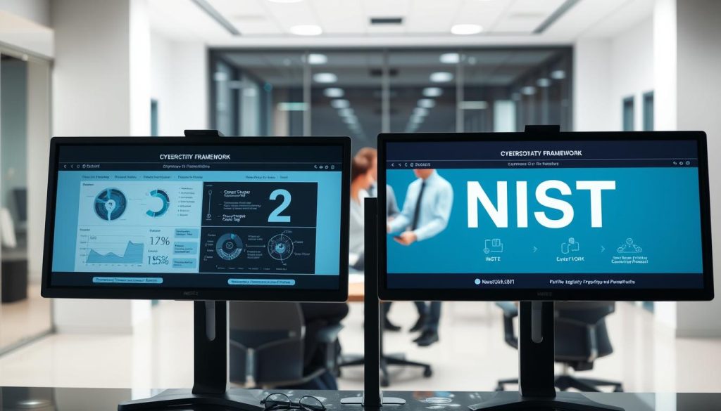 A side-by-side comparison of the NIS2 and NIST cybersecurity frameworks, set against the backdrop of a modern office environment. In the foreground, sleek computer monitors display data visualizations and technical diagrams, highlighting the key differences and similarities between the two standards. In the middle ground, a team of professionals in business attire engages in a collaborative discussion, analyzing the implications of these regulatory frameworks for their organization. The background features a clean, minimalist workspace with ergonomic furniture and neutral tones, conveying a sense of professionalism and attention to detail. Soft, directional lighting creates depth and shadows, emphasizing the analytical nature of the scene. An air of thoughtful contemplation and strategic decision-making permeates the image.
