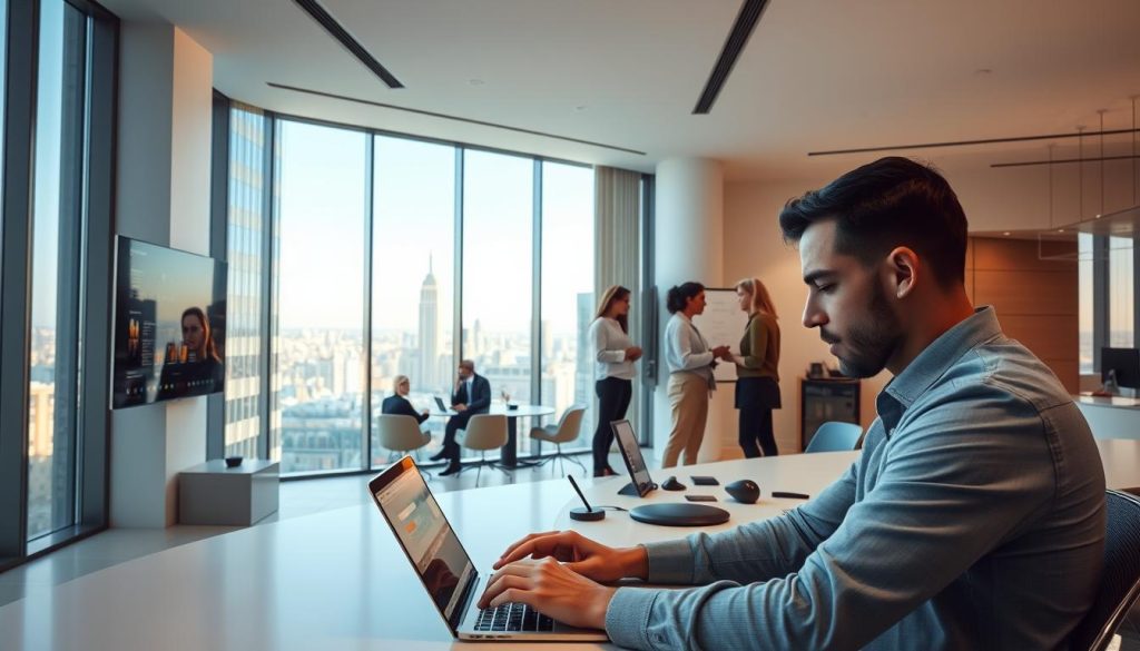 A sleek, modern office environment with clean lines and minimalist design. In the foreground, a developer intently focused on a laptop, their fingers typing away. The middle ground features a collaboration space with a large touchscreen display, various input devices, and a team of designers and engineers discussing innovative application features. In the background, floor-to-ceiling windows offer a panoramic view of a bustling city skyline, bathed in warm, natural lighting. The overall atmosphere conveys a sense of technological sophistication, user-centric thinking, and a drive for continuous improvement in application development.