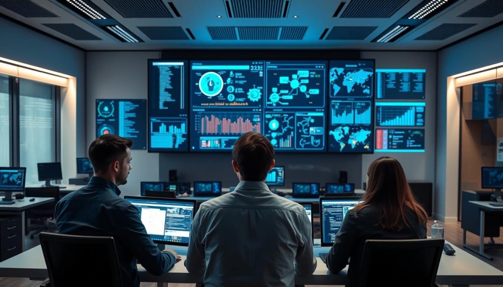 A sleek, modern office interior with a large central display screen showcasing dynamic visualizations of cybersecurity data and analysis. In the foreground, a team of security analysts intently monitoring the screen, their faces illuminated by the glow of the display. Behind them, automated security systems and monitoring tools hum with activity, creating a sense of technological sophistication and cyber resilience. Soft, even lighting casts a calming, professional atmosphere, while the layout and design of the space reflect an emphasis on collaboration, efficiency, and data-driven decision making. The overall scene conveys the power and precision of a state-of-the-art Security Operations Center (SOC) optimized for cyber resilience through advanced automation. A sleek, modern office interior with a large central display screen showcasing dynamic visualizations of cybersecurity data and analysis. In the foreground, a team of security analysts intently monitoring the screen, their faces illuminated by the glow of the display. Behind them, automated security systems and monitoring tools hum with activity, creating a sense of technological sophistication and cyber resilience. Soft, even lighting casts a calming, professional atmosphere, while the layout and design of the space reflect an emphasis on collaboration, efficiency, and data-driven decision making. The overall scene conveys the power and precision of a state-of-the-art Security Operations Center (SOC) optimized for cyber resilience through advanced automation.