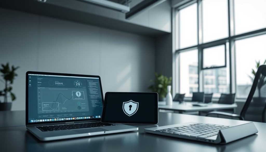 A sleek, modern office interior with clean lines and minimalist design. In the foreground, a laptop and tablet display diagrams and security protocols, their screens casting a soft glow. The middle ground features a neatly organized desk with a stylized security icon, symbolizing the integration of safety standards. The background showcases floor-to-ceiling windows, allowing natural light to flood the space and creating a sense of openness and transparency. The overall mood is one of efficiency, professionalism, and a commitment to robust cybersecurity measures. Captured with a wide-angle lens, the image conveys the essence of optimizing cybersecurity through the adoption of appropriate standards. A sleek, modern office interior with clean lines and minimalist design. In the foreground, a laptop and tablet display diagrams and security protocols, their screens casting a soft glow. The middle ground features a neatly organized desk with a stylized security icon, symbolizing the integration of safety standards. The background showcases floor-to-ceiling windows, allowing natural light to flood the space and creating a sense of openness and transparency. The overall mood is one of efficiency, professionalism, and a commitment to robust cybersecurity measures. Captured with a wide-angle lens, the image conveys the essence of optimizing cybersecurity through the adoption of appropriate standards.
