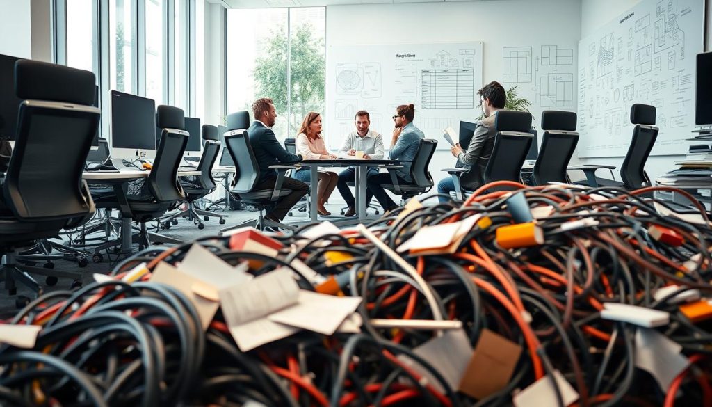 A spacious modern office interior, with sleek desks, ergonomic chairs, and large windows flooding the space with natural light. In the foreground, a tangle of tangled cables, overflowing in-trays, and scattered papers symbolize the obstacles and challenges to growth. In the middle ground, a team of employees gathers around a table, their expressions serious as they discuss strategies to overcome these hurdles. The background features a large whiteboard covered in detailed plans and diagrams, hinting at the company's innovative vision for the future. The overall mood is one of determination and problem-solving, as the organization navigates the complex path towards sustainable growth.