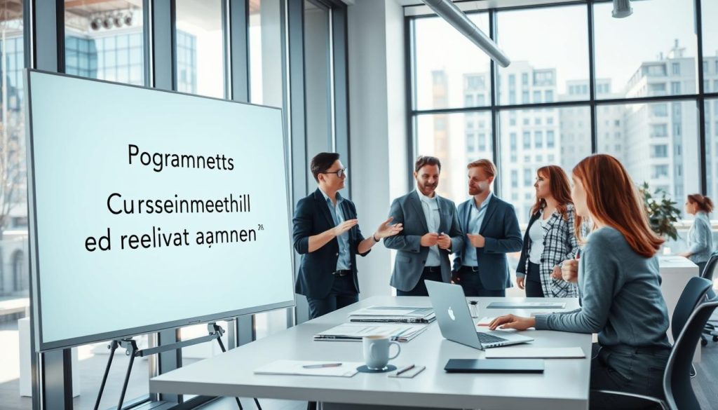 A stylish, modern office setting with a whiteboard displaying the section title "Programmets kursinneh&aring;ll och relevanta &auml;mnen". In the foreground, a group of professionals engaged in a collaborative discussion, gesturing towards the whiteboard. The middle ground features a large, sleek desk with a laptop, coffee mug, and organizational materials, suggesting a focus on system development and innovation. The background showcases floor-to-ceiling windows, allowing natural light to flood the space and creating an airy, inspirational atmosphere. The overall scene conveys a sense of productivity, creativity, and forward-thinking in the field of cloud-based system development.
