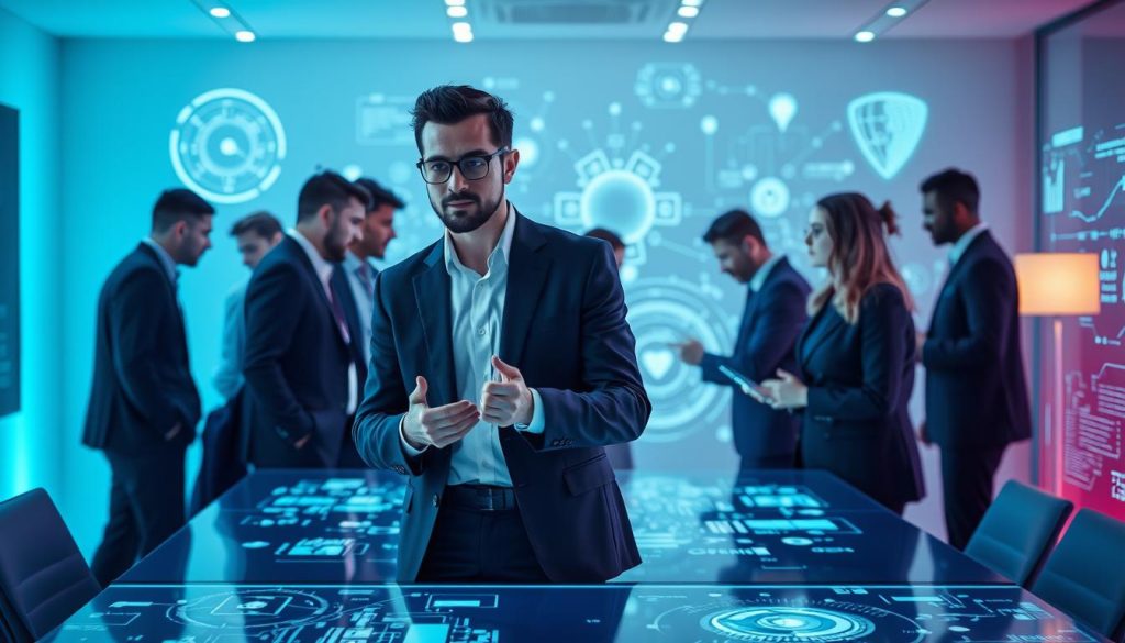 A team of cybersecurity experts gathered around a conference table, their faces illuminated by the glow of holographic screens displaying intricate data visualizations. The room is bathed in a cool, azure light, creating an atmosphere of professionalism and technical sophistication. In the foreground, a male and female consultant stand, engaged in a focused discussion, their gestures and expressions conveying deep expertise. In the background, the team collaborates, analyzing complex systems and safeguarding critical infrastructure. The scene exudes a sense of importance and the crucial role these specialists play in ensuring the cybersecurity of Sweden's businesses and organizations.