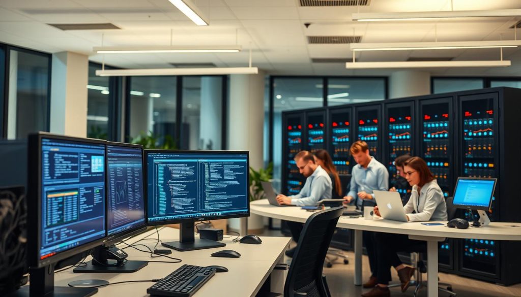 A well-lit, modern office setting with a focus on database management and system maintenance. In the foreground, a desk with a powerful desktop computer, multiple screens displaying intricate data visualizations and database schemas. Beside it, a rack of servers humming quietly, their LEDs blinking in a rhythmic pattern. In the middle ground, a team of IT professionals collaborating, analyzing code and troubleshooting issues on their laptops. The background features sleek, minimalist decor, with large windows allowing natural light to flood the space, creating a sense of openness and professionalism. The overall atmosphere conveys a balance of technical expertise, efficiency, and attention to detail, reflecting the importance of robust backend infrastructure for effective cloud services. A well-lit, modern office setting with a focus on database management and system maintenance. In the foreground, a desk with a powerful desktop computer, multiple screens displaying intricate data visualizations and database schemas. Beside it, a rack of servers humming quietly, their LEDs blinking in a rhythmic pattern. In the middle ground, a team of IT professionals collaborating, analyzing code and troubleshooting issues on their laptops. The background features sleek, minimalist decor, with large windows allowing natural light to flood the space, creating a sense of openness and professionalism. The overall atmosphere conveys a balance of technical expertise, efficiency, and attention to detail, reflecting the importance of robust backend infrastructure for effective cloud services.