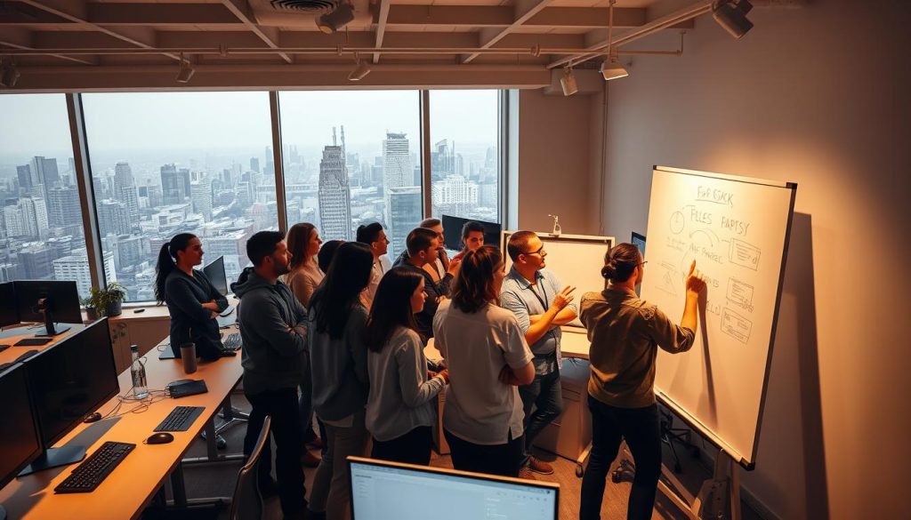 A well-lit, modern office space with a team of software developers collaborating on a fullstack project. In the foreground, a diverse group of professionals gather around a large whiteboard, gesturing animatedly and exchanging ideas. The middle ground features a series of standing desks with multiple screens and keyboards, creating a dynamic workspace. In the background, floor-to-ceiling windows offer a glimpse of a bustling city skyline, providing a sense of connectivity and inspiration. Warm, diffused lighting casts a productive glow over the scene, while subtle angles and perspectives emphasize the teamwork and camaraderie at the heart of this fullstack development endeavor.