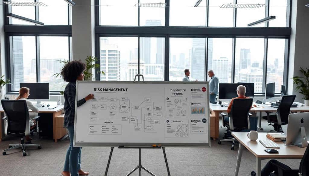 A well-lit office interior, featuring a team of professionals collaborating on risk management and incident reporting processes. In the foreground, a sleek whiteboard displays detailed diagrams and workflow charts. Surrounding it, ergonomic desks and chairs create a productive workspace. The middle ground showcases various digital devices and monitors, indicating the integration of technology in the risk management system. In the background, large windows provide natural light and a view of a modern cityscape, conveying a sense of an urban, corporate environment. The overall mood is one of efficiency, organization, and a proactive approach to risk mitigation. A well-lit office interior, featuring a team of professionals collaborating on risk management and incident reporting processes. In the foreground, a sleek whiteboard displays detailed diagrams and workflow charts. Surrounding it, ergonomic desks and chairs create a productive workspace. The middle ground showcases various digital devices and monitors, indicating the integration of technology in the risk management system. In the background, large windows provide natural light and a view of a modern cityscape, conveying a sense of an urban, corporate environment. The overall mood is one of efficiency, organization, and a proactive approach to risk mitigation.