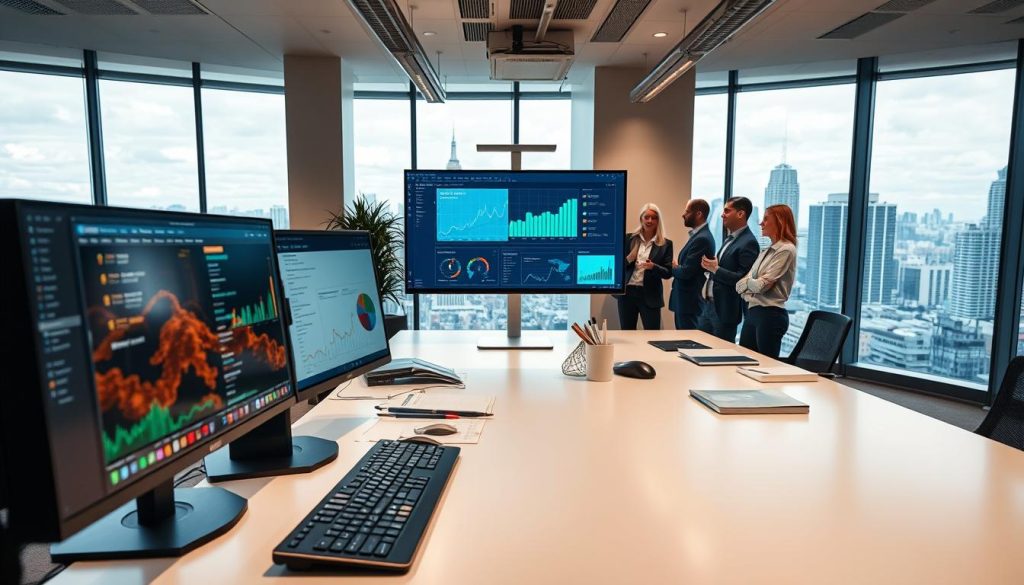 A well-lit office interior, with a large desk in the foreground showcasing a computer monitor, keyboard, and various office supplies. On the monitor, a visual dashboard displaying real-time data and analytics related to risk and incident management. In the middle ground, a team of professionals engrossed in discussion, gesturing towards the dashboard, conveying a sense of collaboration and strategic planning. The background features floor-to-ceiling windows, offering a panoramic view of a bustling cityscape, hinting at the broader context and importance of effective risk and incident management in today's digital landscape. The overall atmosphere exudes a balance of professionalism, technology, and a progressive approach to cybersecurity. A well-lit office interior, with a large desk in the foreground showcasing a computer monitor, keyboard, and various office supplies. On the monitor, a visual dashboard displaying real-time data and analytics related to risk and incident management. In the middle ground, a team of professionals engrossed in discussion, gesturing towards the dashboard, conveying a sense of collaboration and strategic planning. The background features floor-to-ceiling windows, offering a panoramic view of a bustling cityscape, hinting at the broader context and importance of effective risk and incident management in today's digital landscape. The overall atmosphere exudes a balance of professionalism, technology, and a progressive approach to cybersecurity.