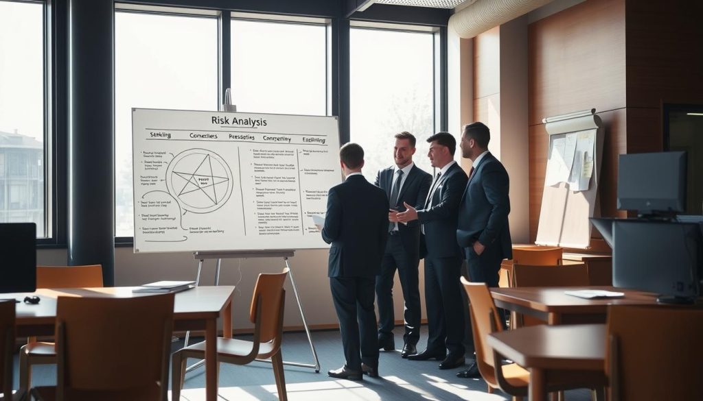 A well-lit office interior, with a large whiteboard prominently displayed. On the whiteboard, a detailed risk analysis diagram illustrates various risk factors and corresponding security measures. Wooden desks and chairs create a professional, yet warm atmosphere. Sunlight streams in through large windows, casting a soft glow over the scene. A team of business professionals, dressed in formal attire, are engaged in a collaborative discussion, studying the whiteboard intently. The overall impression is one of diligence, analysis, and a commitment to proactive risk management. A well-lit office interior, with a large whiteboard prominently displayed. On the whiteboard, a detailed risk analysis diagram illustrates various risk factors and corresponding security measures. Wooden desks and chairs create a professional, yet warm atmosphere. Sunlight streams in through large windows, casting a soft glow over the scene. A team of business professionals, dressed in formal attire, are engaged in a collaborative discussion, studying the whiteboard intently. The overall impression is one of diligence, analysis, and a commitment to proactive risk management.
