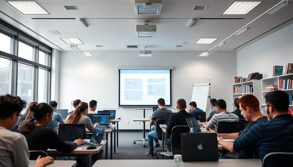 A well-organized, modern classroom with large windows, bright lighting, and a minimalist design. In the foreground, a group of students intently focused on their laptops, engaged in coding exercises. In the middle ground, a projector screen displays technical diagrams and programming languages. The background features a sleek whiteboard, along with shelves stocked with programming books and resources. The overall atmosphere conveys a sense of productivity, collaboration, and a deep commitment to the craft of full-stack web development.