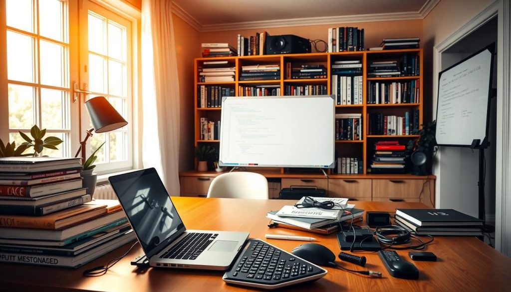 An elegantly-lit home office space, illuminated by warm overhead lighting and large windows. On the desk, a sleek laptop, a stack of reference books, and an assortment of developer tools - a keyboard, mouse, and a selection of cables, adapters, and other accessories. In the background, a bookshelf filled with technical manuals and programming guides, and a whiteboard displaying lines of code. The overall atmosphere is focused, productive, and technology-driven, capturing the essence of backend development and the tools required for effective, efficient work. An elegantly-lit home office space, illuminated by warm overhead lighting and large windows. On the desk, a sleek laptop, a stack of reference books, and an assortment of developer tools - a keyboard, mouse, and a selection of cables, adapters, and other accessories. In the background, a bookshelf filled with technical manuals and programming guides, and a whiteboard displaying lines of code. The overall atmosphere is focused, productive, and technology-driven, capturing the essence of backend development and the tools required for effective, efficient work.