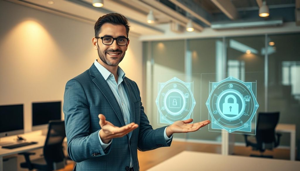 An expert NIS2 compliance advisor stands confidently in a modern, well-lit office, gesturing towards holographic displays showcasing complex security frameworks. Soft, directional lighting casts a warm glow, creating an atmosphere of professionalism and authority. In the background, sleek desks and ergonomic chairs suggest a sophisticated workspace dedicated to providing comprehensive guidance on navigating the nuances of NIS2 compliance. The advisor's expression conveys a blend of expertise and approachability, inviting the viewer to engage in a thoughtful discussion about safeguarding critical infrastructure.