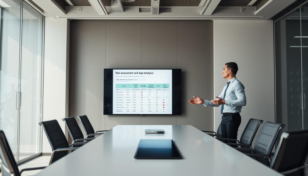 An office environment with a focus on cybersecurity implementation and gap analysis. The scene depicts a well-lit conference room with a large display screen showcasing a detailed risk assessment report. In the foreground, two professionals in business attire are engaged in a collaborative discussion, gesturing towards the screen and analyzing the data. The middle ground features a sleek, modern table surrounded by ergonomic chairs, creating an atmosphere of productivity and problem-solving. The background subtly incorporates elements of cloud computing, such as abstract data visualizations and secure network connections, hinting at the broader context of the article's subject matter. The overall mood is one of focused professionalism, with a sense of diligence and attention to detail in the implementation of critical security measures.