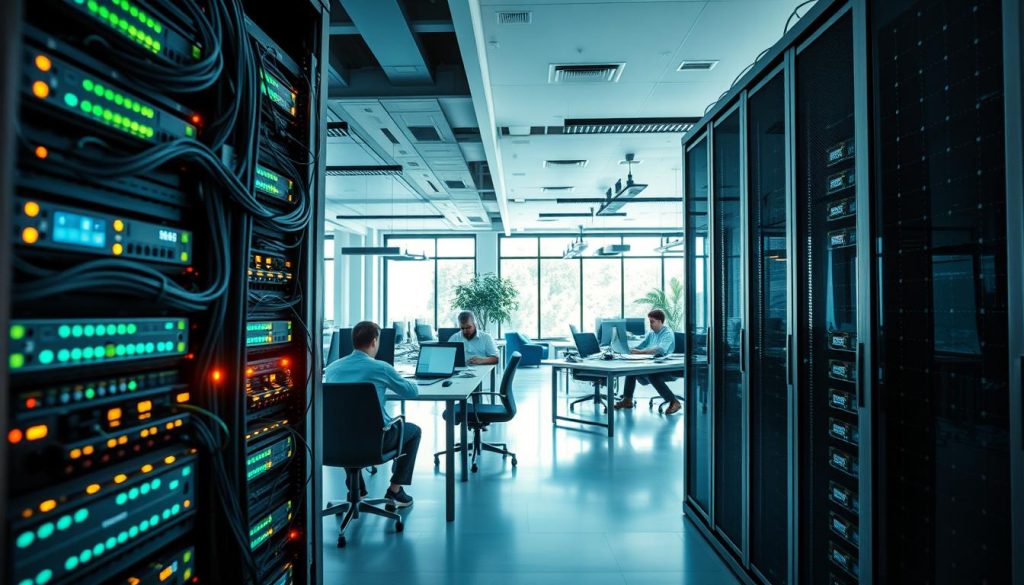 Detailed cybersecurity system implementation in a modern office environment. A large server rack stands prominently in the foreground, its intricate cabling and blinking lights conveying the complexity of the IT infrastructure. In the middle ground, developers and IT specialists collaborate at sleek desks, studying system diagrams and typing furiously on their laptops. The background features an expansive open-plan office space, with large windows allowing natural light to filter in and create a sense of professionalism and productivity. Subtle blue and green hues throughout the scene evoke the calming but high-tech atmosphere of a well-designed cybersecurity workspace.