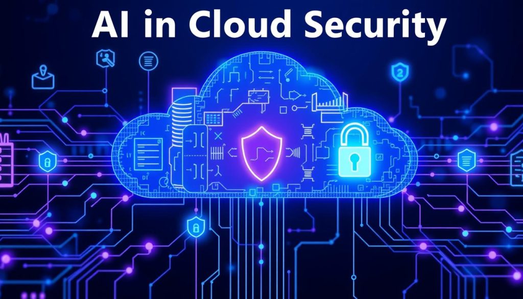 AI in cloud security visualization showing machine learning algorithms analyzing cloud data flows