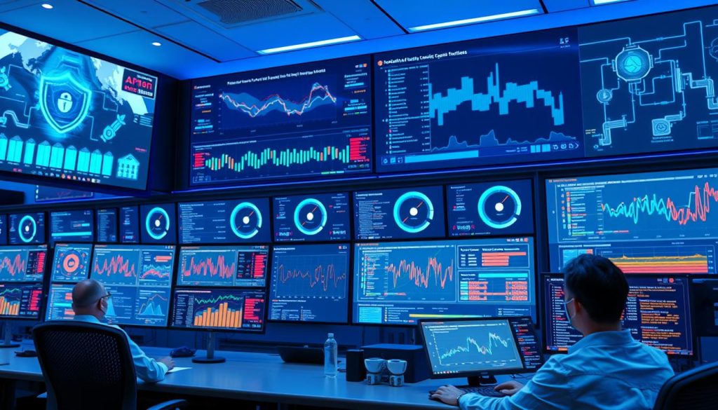 AI-powered cloud security operations center with multiple monitoring screens and automated alert systems
