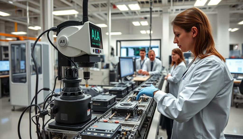 AI-powered quality control system analyzing manufacturing components on production line
