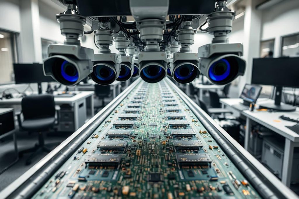 AI vision system inspecting circuit boards on manufacturing line