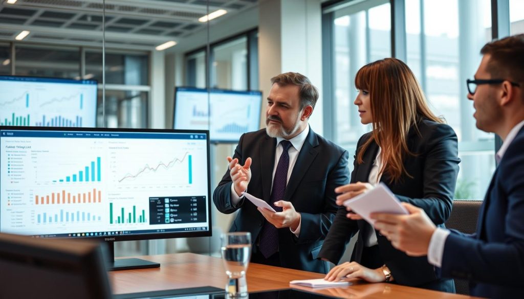 Affärsledare diskuterar strategiska beslut baserade på försäljningsprognoser